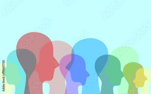 Colorful heads sign symbol overlay. Group diversity multiethnic silhouette side view people. Concept of Collaborators, Mental health, psychology, different nation, culture, contrast mind, Community