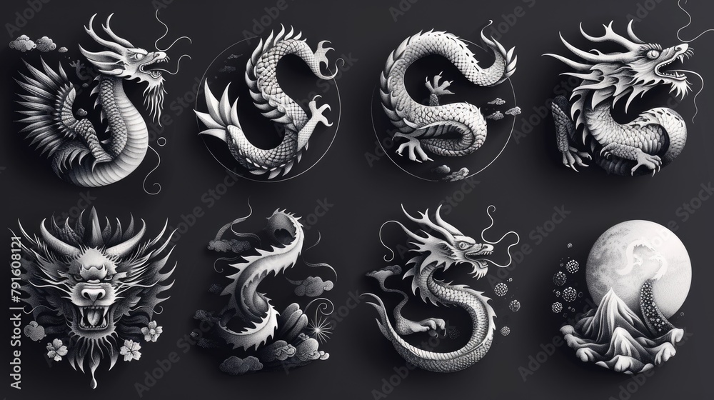 Chinese dragon brushstroke set vector