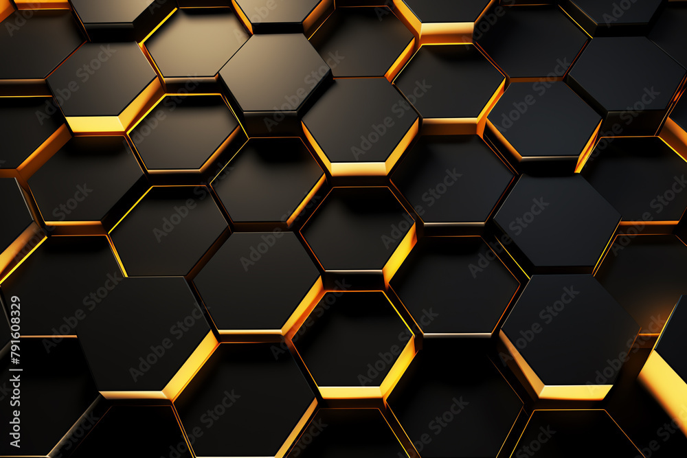 Futuristic 3D wallpaper showcasing a geometric arrangement of shiny gold hexagons against a matte black background, perfect for stylish mobile device wallpapers or contemporary interior decor