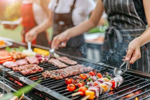 Close friends hanging out together bbq party backyard spring summer food preparation tasty dinner grilled meat vegetables open flame steak lunch enjoyment joy friendship colleagues family weekend
