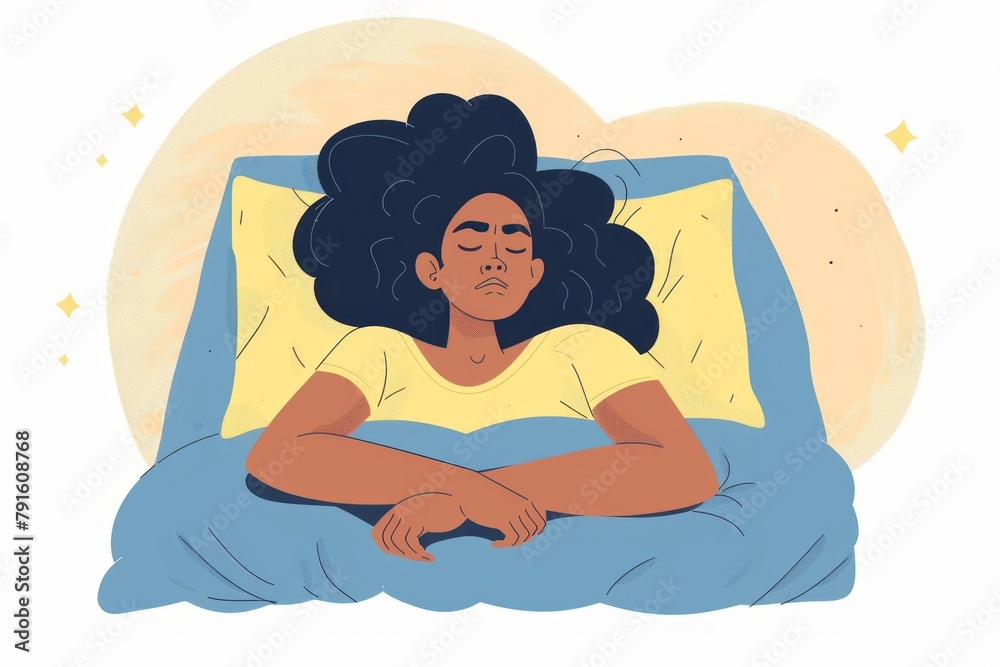 Black woman is sleeping and lying in bed, flat illustration. Cartoon depressed sleepy female person with insomnia. Sleeping disorder and nightmare concept