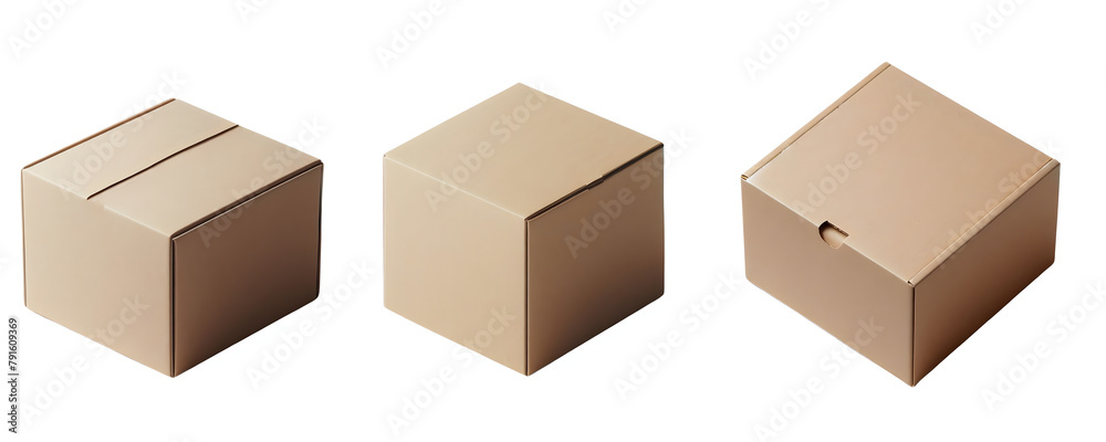 Three cardboard boxes of different shapes, on a transparent background
