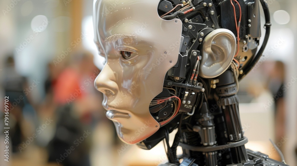 A close up of a robot head with wires attached to it, AI A close up of a robot head with wires attached to it, AI