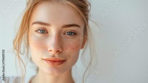 Portrait of pretty young woman with perfect clean freckled skin and blue eyes looking at the camera.


