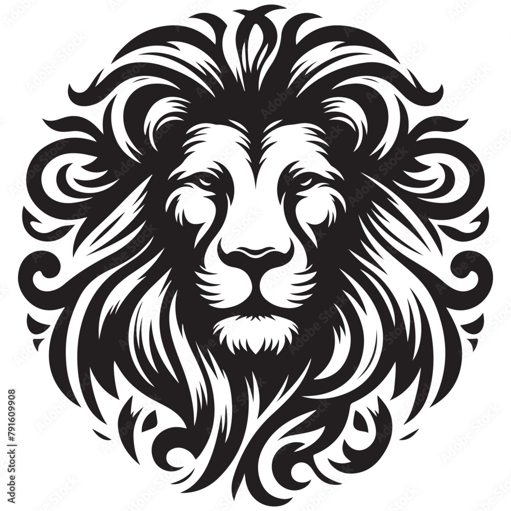 a black and white drawing of a lion head with a mane of hair with white background