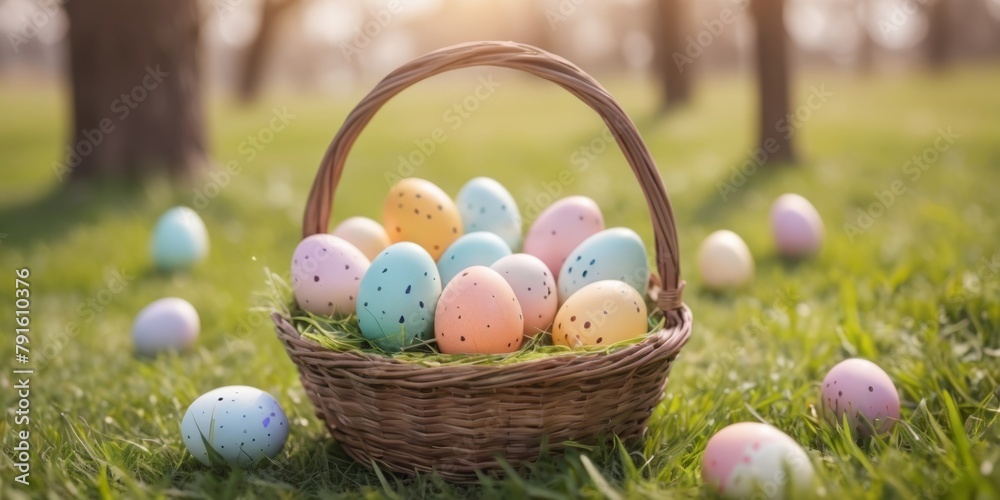 Happy easter, Easter painted eggs in the basket on landscape Happy easter, Easter painted eggs in the basket on landscape