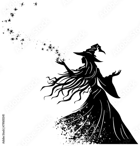 clip art illustration of a witch casting a magic spell, isolated 