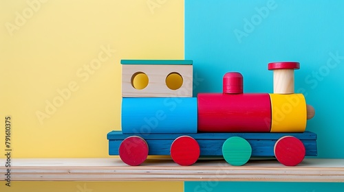 Front view of a wooden colorful train toy on colored background