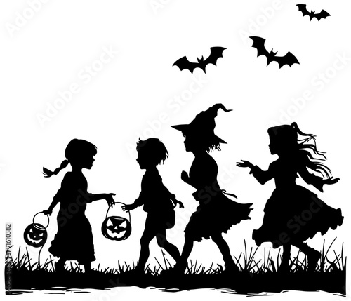 Silhouette of a group of children trick or treating on halloween 