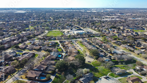 Master Planned Communities DFW Dallas Fort Worth subdivision design with cul-de-sac dead-end residential street that shapes like keyholes, aerial view single family houses swimming pools backyard photo