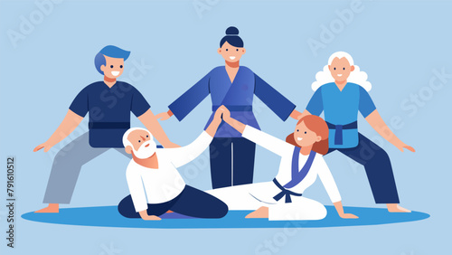 A group of stroke survivors participating in a modified jiujitsu class to improve their coordination and balance as part of their recovery