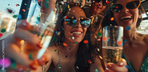 beautiful young women celebrating with champagne and confetti in the back of an open air bus, wearing sunglasses and laughing joyfully at their bachelorette party