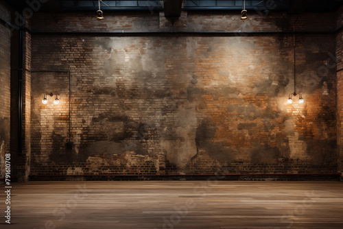 Abandoned empty old warehouse interior with old brick wall white and red background