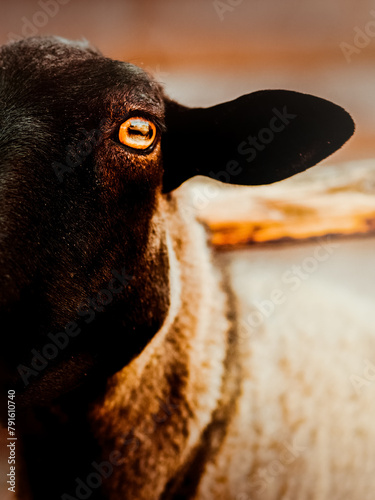 A close-up of the dark sheep's face with striking orange eyes, emphasizing the essence of rural life and livestock in agriculture.
