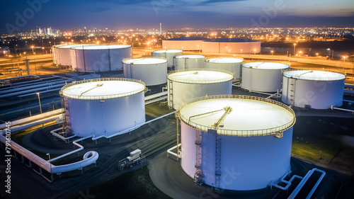 Aerial view oil and gas terminal storage tank farm. Oil tank storage chemical petroleum petrochemical refinery product at oil terminal. Business commercial trade fuel and energy transport by tanker ve