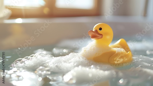 Rubber Duck covered in soap swimming in bathtub photo