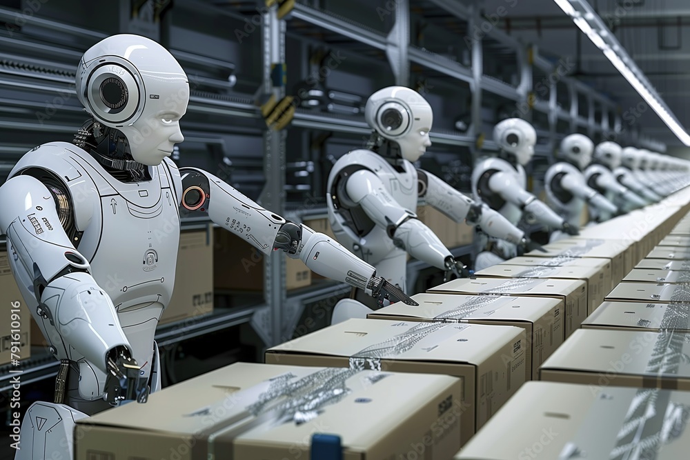 group of humanoid robots packaging boxes in an industrial warehouse ...