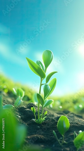 New Life Sprouting  Seedling Growing in Blue Sky Sunlight Background  Close Up of Small Young Plant with Green Leaves on Tree Branch. Earth Day Banners and Nature Background