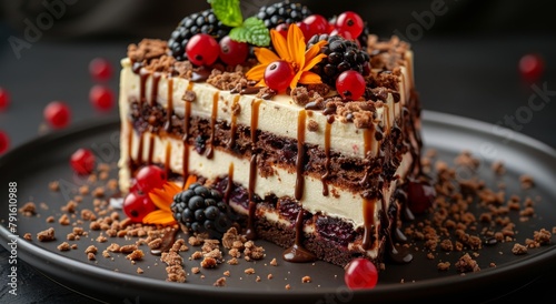 delicious chocolate brownie with fresh berries and mint