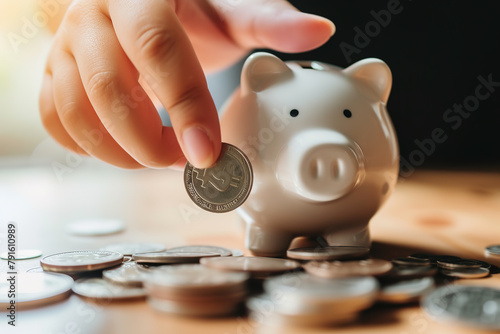 A piggy bank on the desktop and a hand holding coins