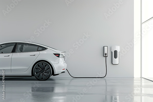 A white electric vehicle charging in a minimalist indoor building space - concept of new energy electric vehicles © Govan