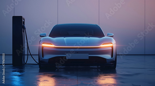 A frontal angle of an electric car during charging, featured against a stark white backdrop to accentuate a minimalist aesthetic photo
