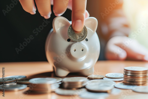 A piggy bank on the desktop and a hand holding coins