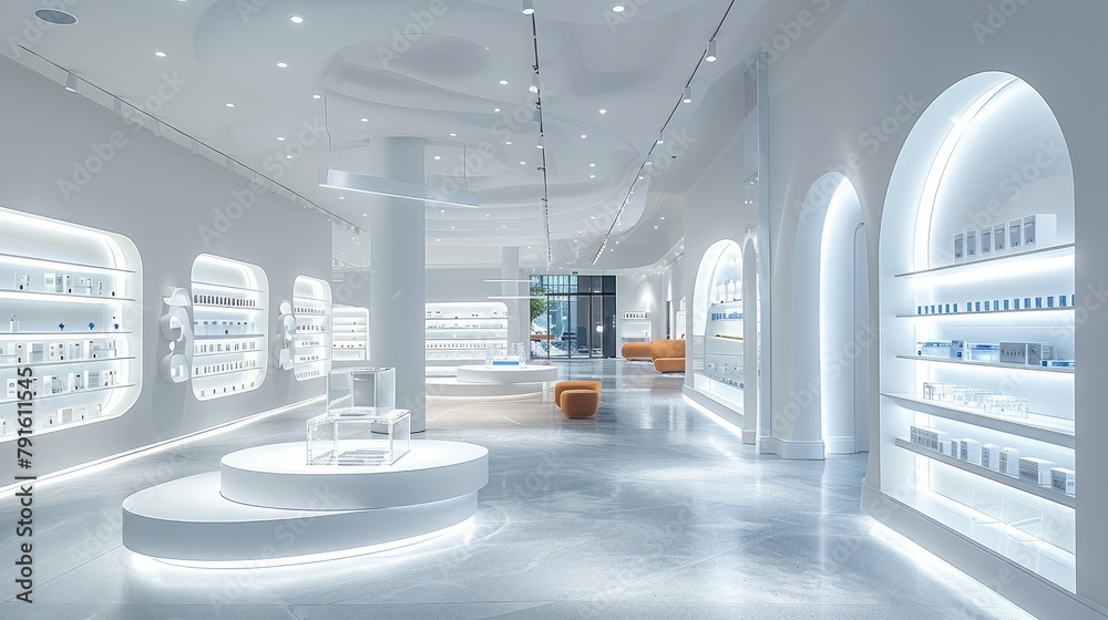 Concept store, front view, curved white space, product display stand with acrylic cubes placed on it. Generative AI. Concept store, front view, curved white space, product display stand with acrylic cubes placed on it. Generative AI.
