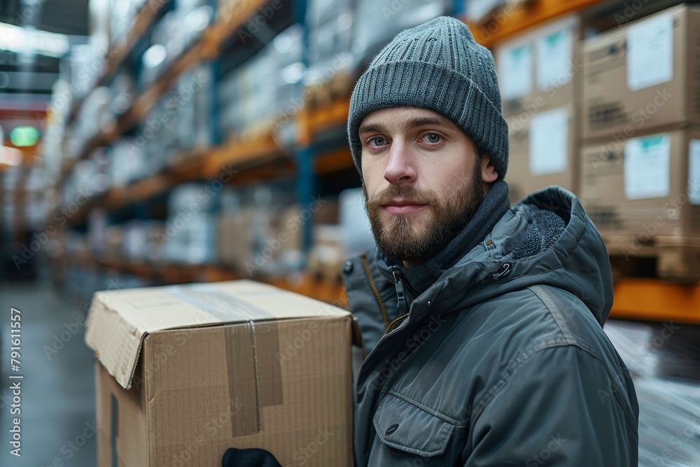 A male warehouse worker is carrying a box while wearing winter clothing, including a knit hat