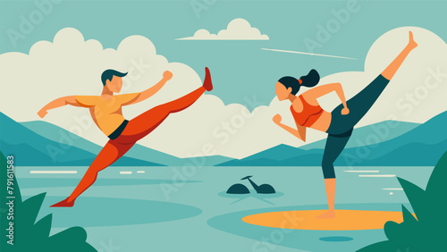 In a calm river fighters use kickboards to perform explosive kicking drills working on building power in their lower body while fighting against