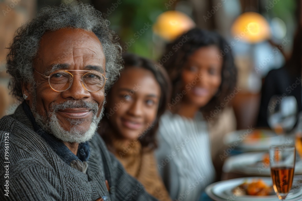 An elderly man smiles at the camera with his family at a restaurant, depicting a joyful multi-generational gathering