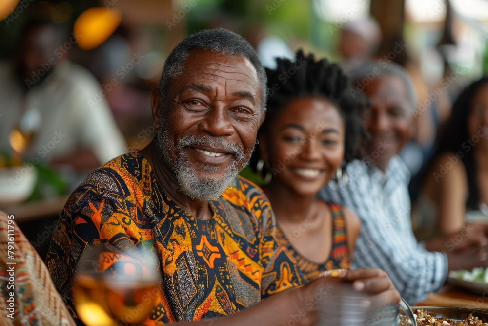 A senior African man sharing a meal with his joyful family, they are all smiling, enjoying the moment