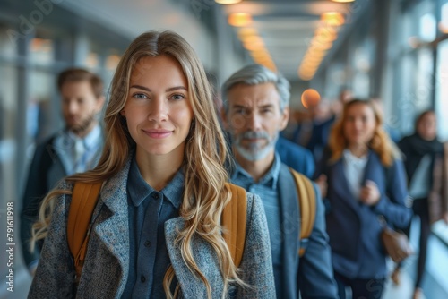 A young blonde woman confidently stands in an airport walkway, with blurry figures passing by in the background