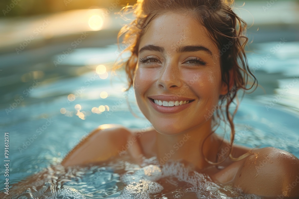 A joyful young woman in a swimming pool, face glowing with the golden light of sunset A joyful young woman in a swimming pool, face glowing with the golden light of sunset