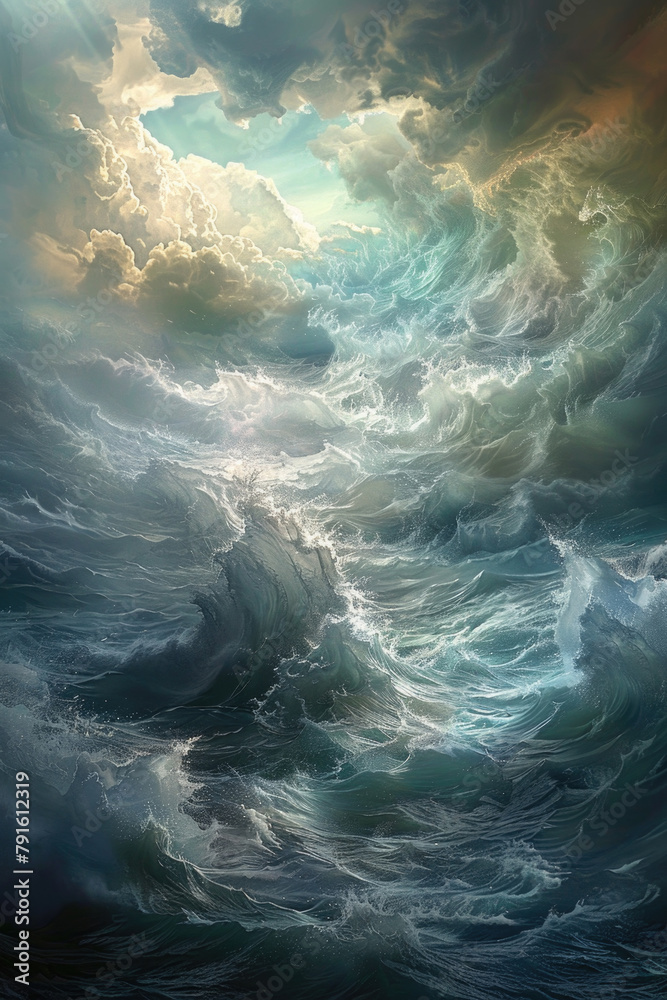 A painting showcasing a large body of water with waves crashing against the shore under a cloudy sky