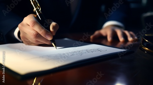 A captivating close-up of a sophisticated fountain pen writing a signature on a contract, portraying the seriousness of corporate agreements photo