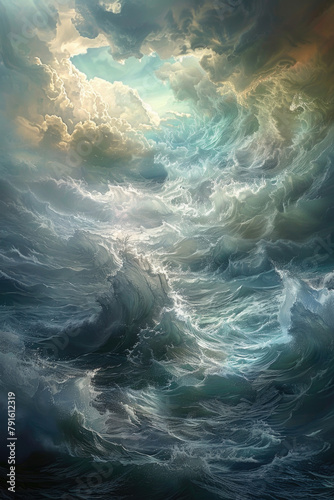 A painting showcasing a large body of water with waves crashing against the shore under a cloudy sky