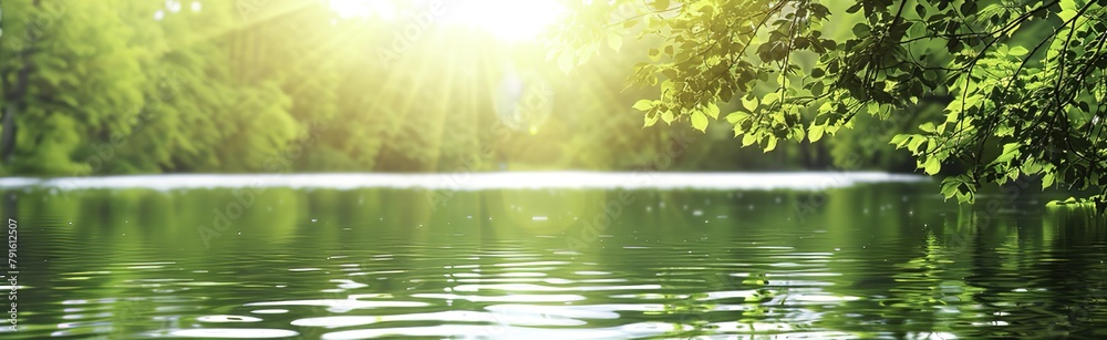Blurred Background of Water and Green Trees with Sunlight Reflection: Abstract Nature Banner for Summer or Spring Blurred Background of Water and Green Trees with Sunlight Reflection: Abstract Nature Banner for Summer or Spring