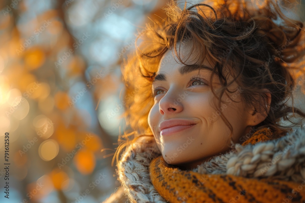 Smiling young woman with tousled hair enjoying a sunny autumn day, surrounded by golden leaves Smiling young woman with tousled hair enjoying a sunny autumn day, surrounded by golden leaves