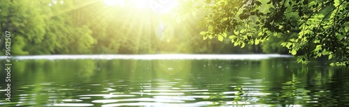 Blurred Background of Water and Green Trees with Sunlight Reflection: Abstract Nature Banner for Summer or Spring photo