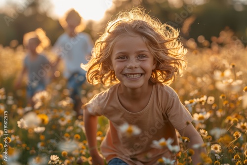 Cheerful child with blonde hair running joyfully in a field of flowers at sunset © Larisa AI