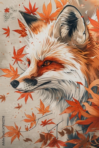 Mythical ninetailed fox in Ukiyoe art  vivid autumn leaves  golden hour light  closeup view
