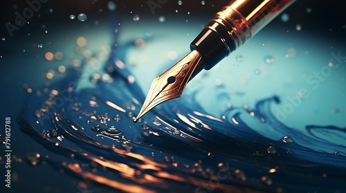 A close-up of a fountain pen nib, glistening with ink, poised to create magic on the blank canvas of a notebook photo