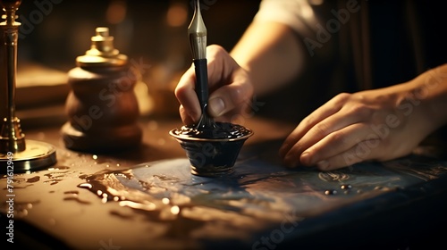 A close-up of a fountain pen being dipped into an inkwell, capturing the timeless ritual of writing by hand