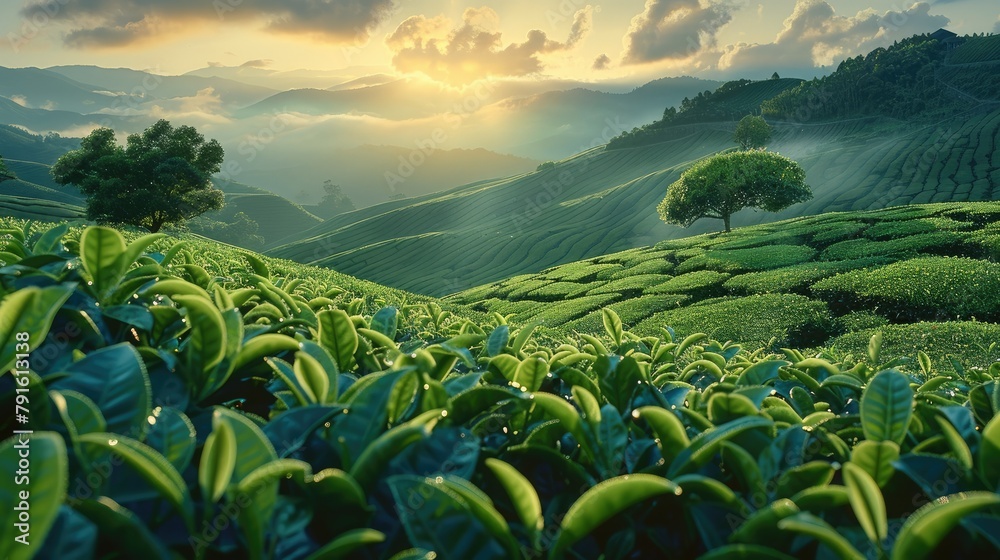 Fototapeta premium The green tea plantation in the hills with soft lighting. Generative AI.