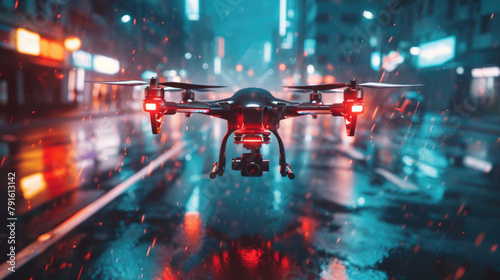 A black and red camera hovers over a wet street, capturing the scene below