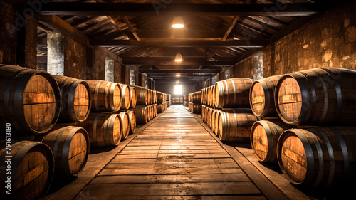 Old cellar with wine wooden barrels. Large wooden barrels in wine cellar.

