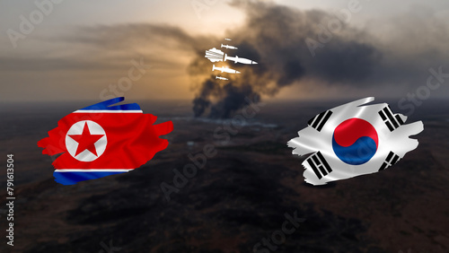 North Korea and South Korea represent political, military, and economic relations, conflicts, peace, and unity. North Korea vs South Korea, photo