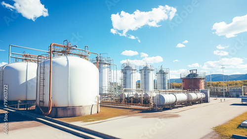 Oil and gas terminal storage tank farm. Tank farm storage chemical petroleum petrochemical refinery product. 

 photo