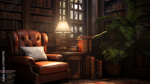 A cozy reading nook with a leather armchair and a side table holding a fountain pen and a stack of books